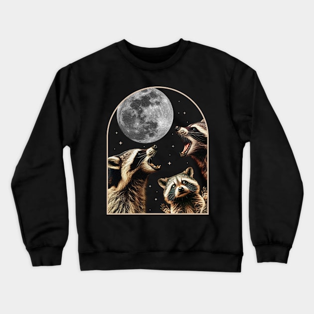Three Racoons Howling At Moon - Funny Raccoon Cursed Meme Crewneck Sweatshirt by OrangeMonkeyArt